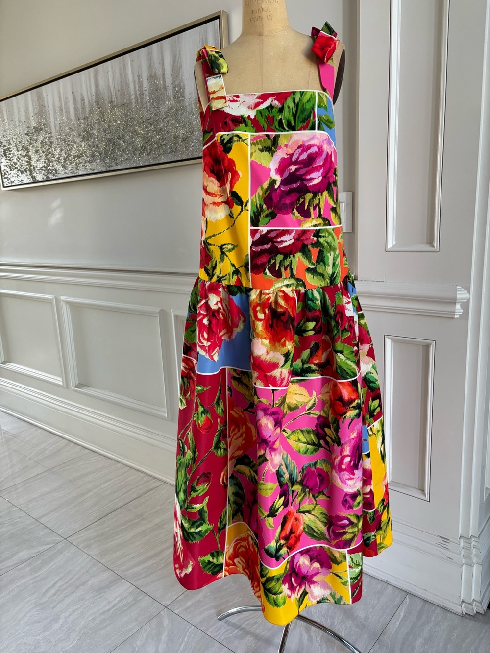 Designer bow-detailed floral- print faille midi dress - Picture 1 of 8